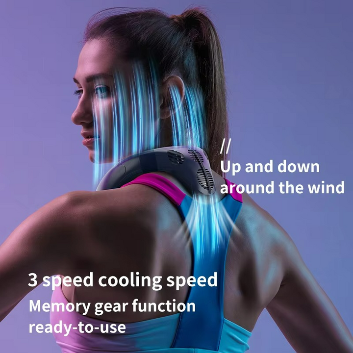 Lightweight portable neck fan, ideal outdoor gear. Provides instant 360° cooling and is USB-C rechargeable.