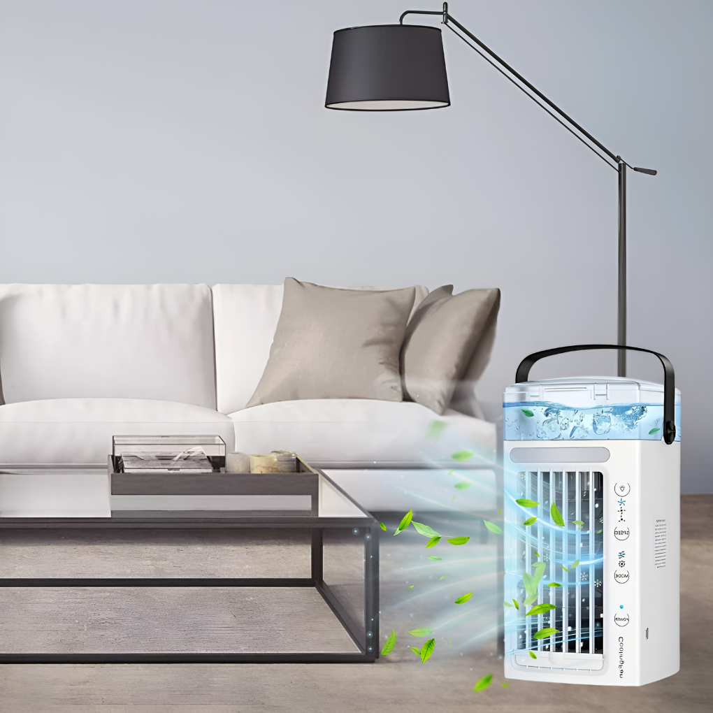 Stylish geometric portable fan, a compact cooling solution for home office desk, bedside table, or travel personal use.