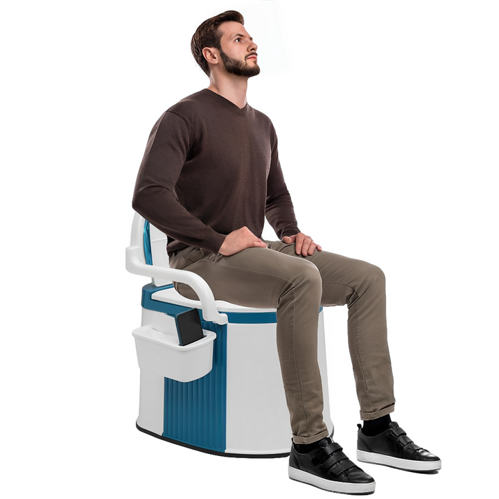 Unisex portable toilet commode for adults & seniors. Ideal for indoor, outdoor, travel & camping hygiene.