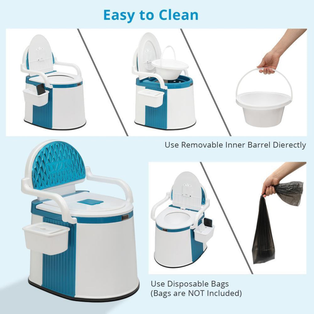 Adult assistance portable commode. Offers mobility support for seniors, great for indoor, outdoor & emergency use.