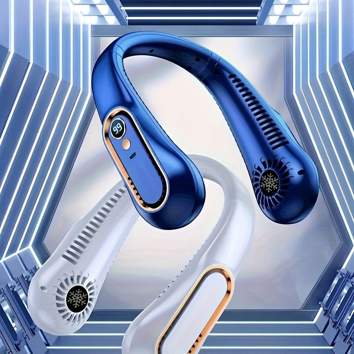 Unisex portable USB neck fan with 360° flexible cooling, hands-free personal comfort for summer outdoor activities.