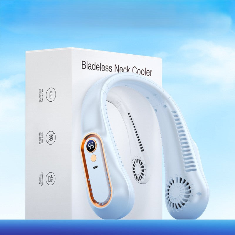 Rechargeable wearable neck fan, USB powered, providing quiet 360-degree flexible airflow for ultimate personal cooling.