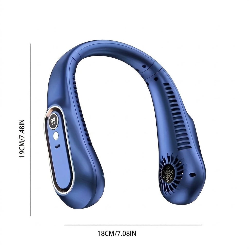 Lightweight hands-free portable neck fan, ideal for outdoor use. USB rechargeable for personal, flexible 360° cooling.