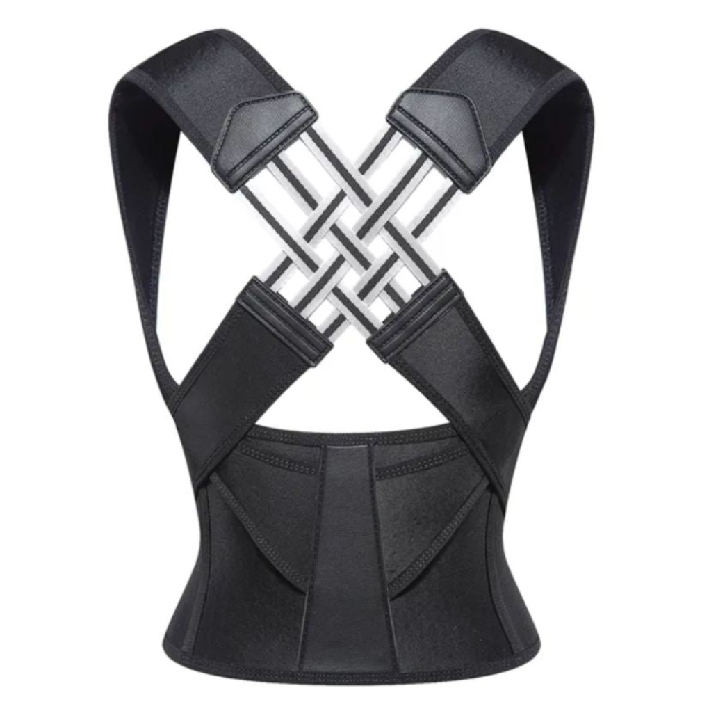 Unisex posture corrector for back alignment. Adjustable shoulder brace provides comfortable support & pain relief.