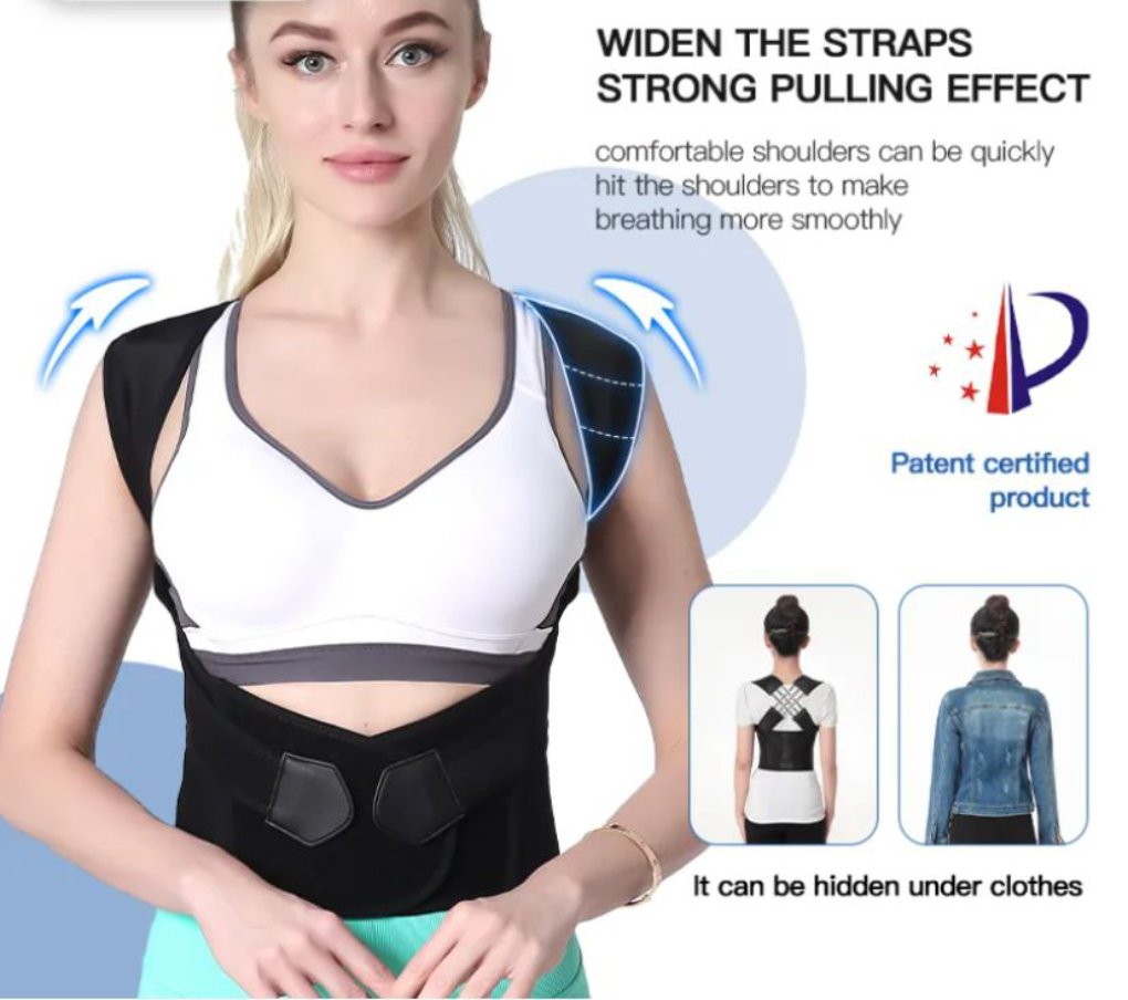 Comfortable unisex back posture corrector. Adjustable shoulder brace for full back support, improved alignment & health.
