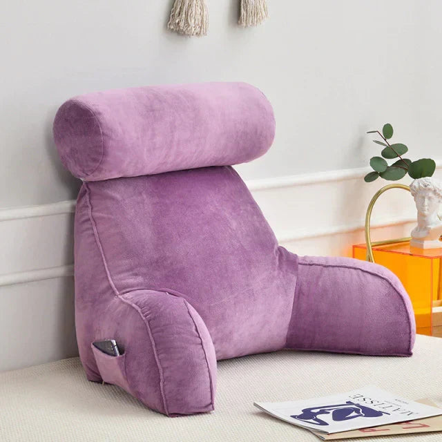 Stylish unisex bedrest reading pillow with supportive arms & memory foam, ideal for portable home comfort & back support.