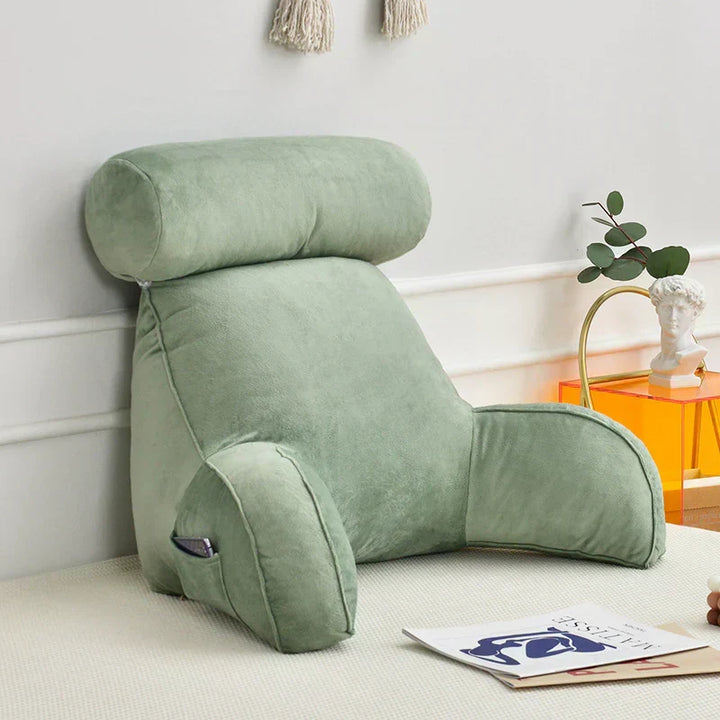 Memory foam bedrest reading pillow, unisex, with supportive arms & excellent back support for cozy lounging & relaxation.