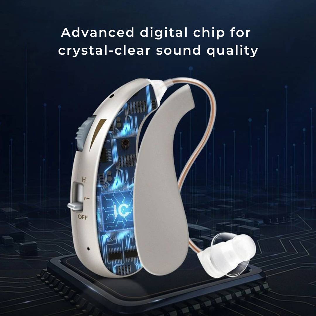 Discreet rechargeable ear aid for elderly care; enhances hearing clarity & sound support comfortably.