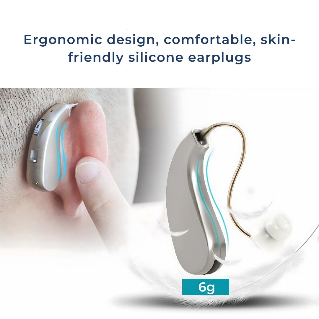 Comfortable & discreet digital ear aid; a rechargeable sound amplifier offering clear hearing support.