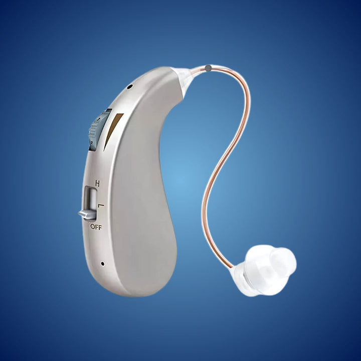 Elderly care: Discreet rechargeable digital hearing aid improves sound & hearing clarity comfortably.