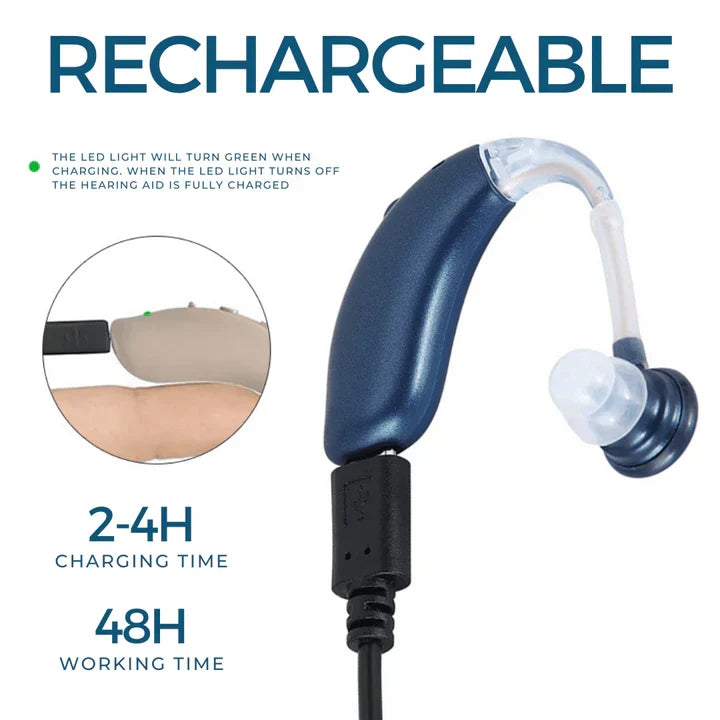 Sleek unisex rechargeable hearing aid, a discreet sound amplifier ensuring crystal clear hearing support.