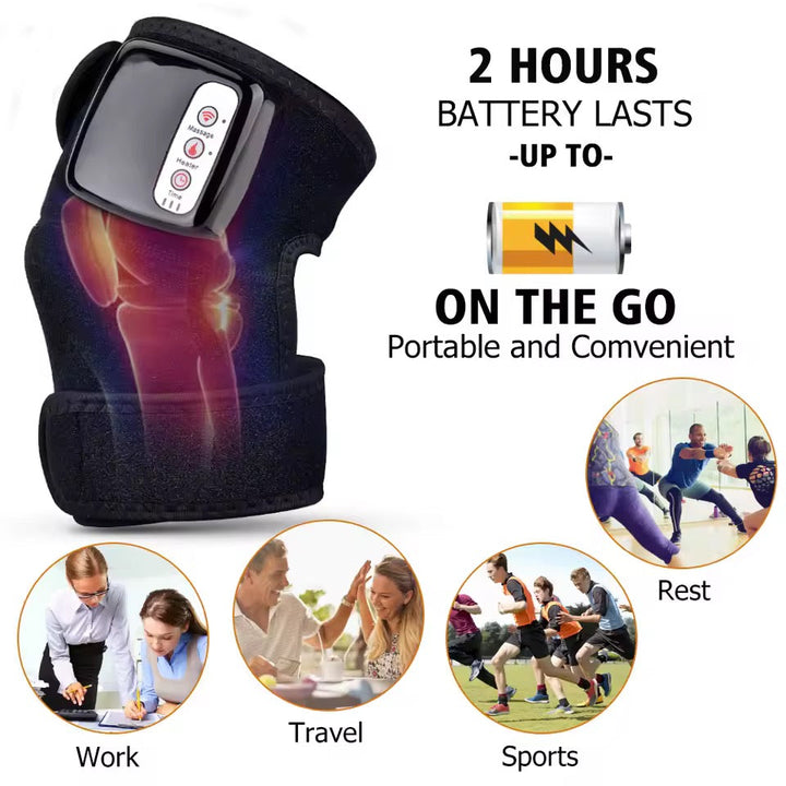 Cordless rechargeable heating wrap with vibration for soothing joint and muscle pain. Portable thermotherapy.