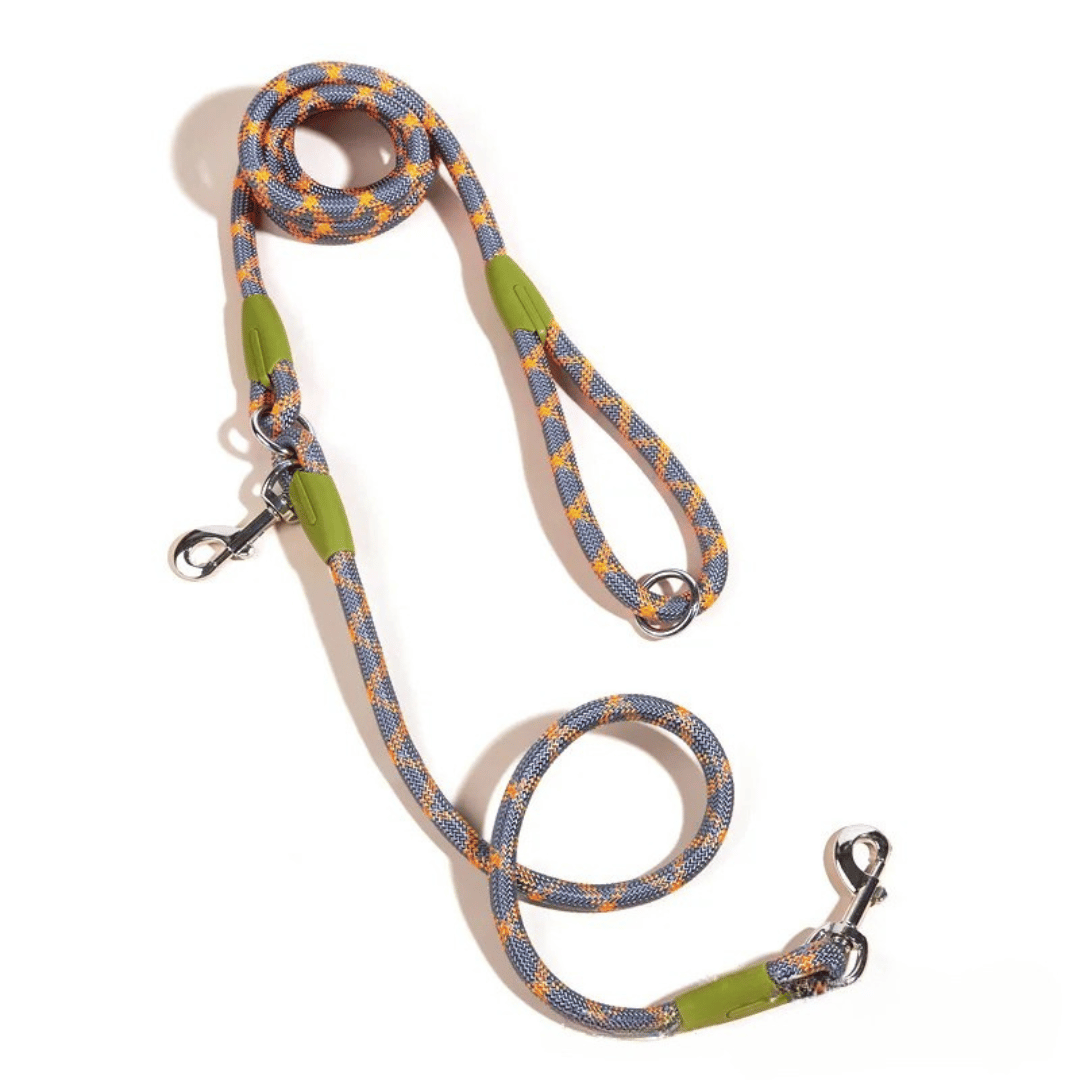 Person running with a dog using a reflective hands-free bungee leash.