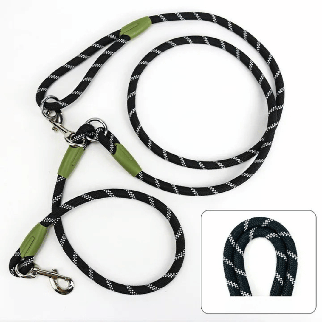 Close-up of the reflective stitching on a hands-free bungee dog leash.