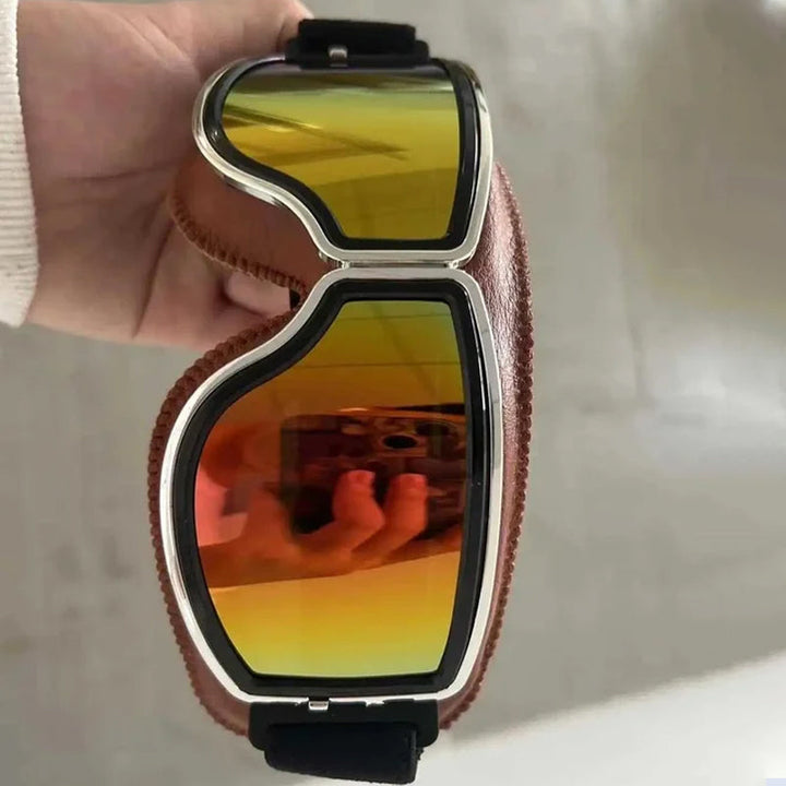 Stylish foldable Retro Aviator Goggles, showcasing over-glasses fit & vintage motorcycle style.