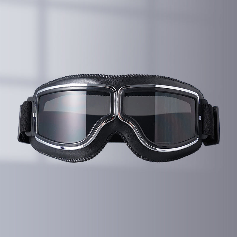 Rider wearing foldable Retro Aviator Over-Glasses Goggles for optimal motorcycle eye protection.