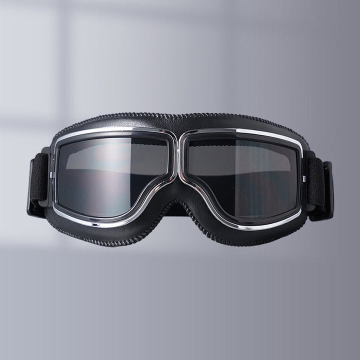 Rider wearing foldable Retro Aviator Over-Glasses Goggles for optimal motorcycle eye protection.
