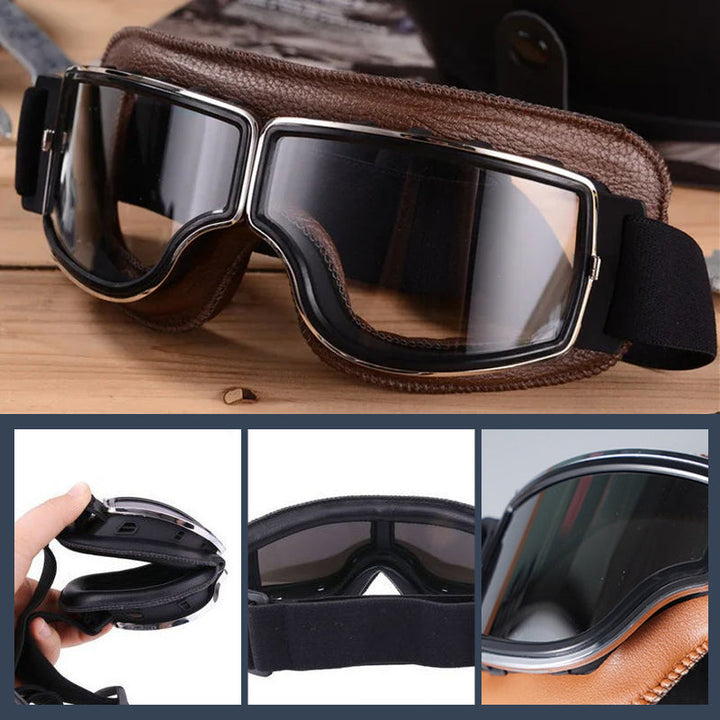 Essential motorcycle riding gear: Unisex Retro Aviator Goggles, foldable, dustproof & windproof.