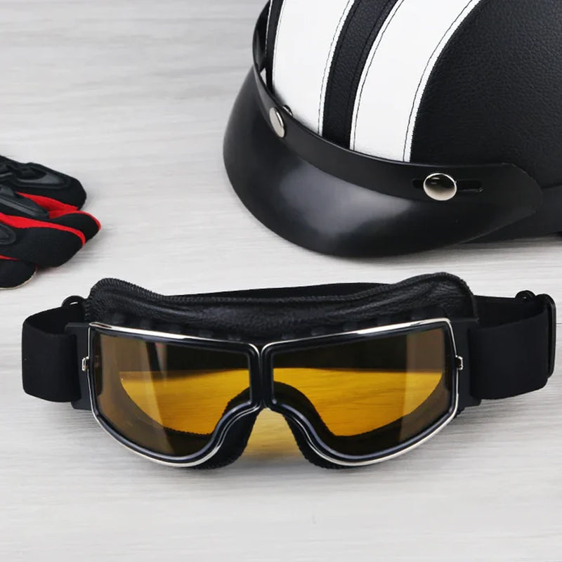 Unisex Retro Aviator Over-Glasses Motorcycle Goggles, foldable, vintage style for all riders.