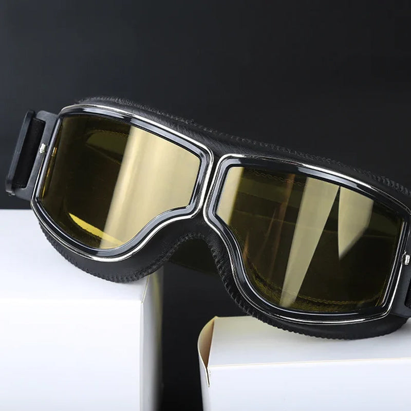 Foldable Retro Aviator Motorcycle Goggles, over-glasses design, windproof & dustproof for riders.