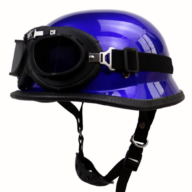 Unisex retro half-helmet motorcycle & goggles, perfect rider gear for open-road adventures.