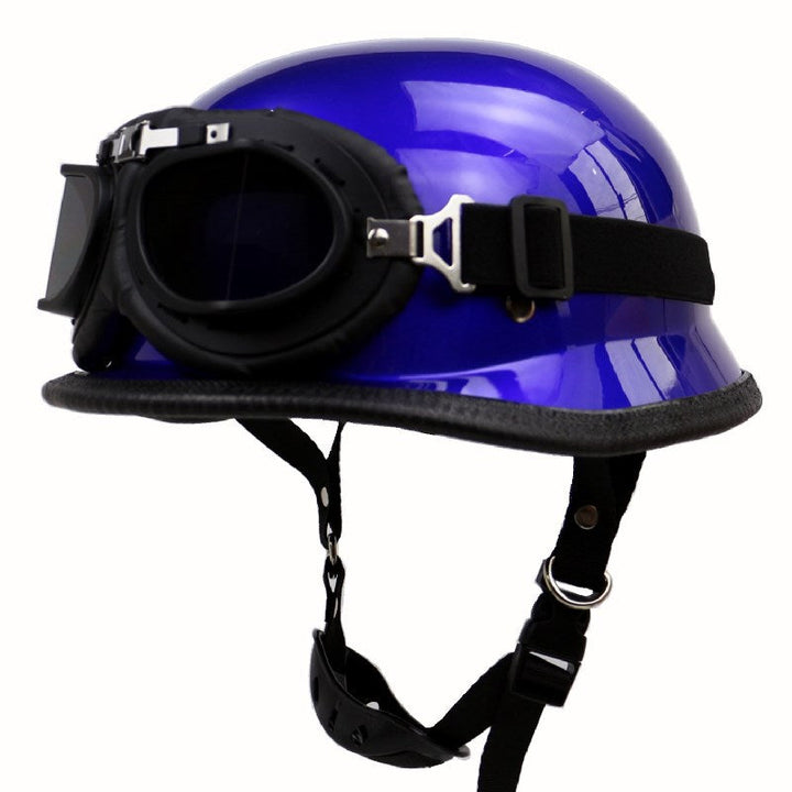 Unisex retro half-helmet motorcycle & goggles, perfect rider gear for open-road adventures.