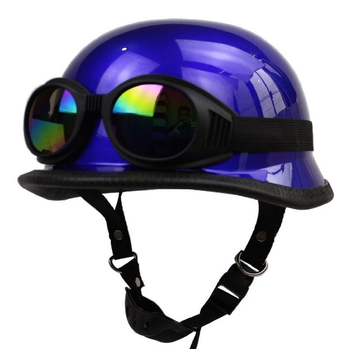 Complete set: Vintage black half-helmet motorcycle and matching aviator goggles for retro style.