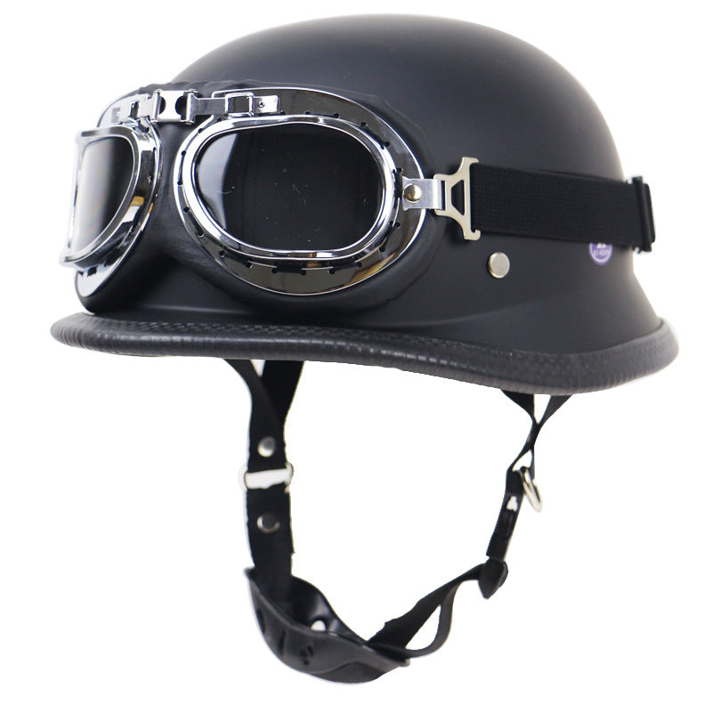 Front view: Unisex vintage half-helmet motorcycle with attached clear anti-fog goggles for riders.