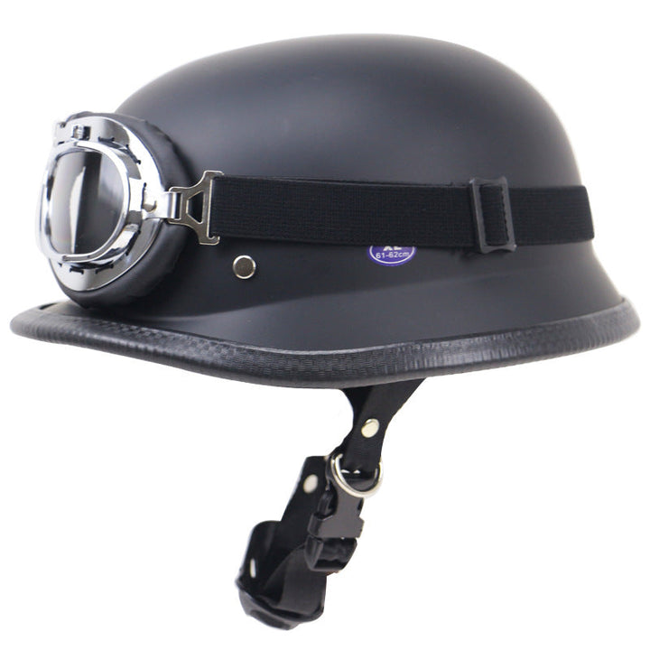 Retro style half-helmet motorcycle in glossy black, ready for customization. Detachable goggles.