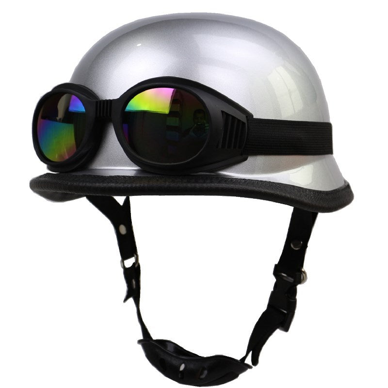 Vintage brown PU leather half-helmet motorcycle with goggles for a distinct retro cruiser look.