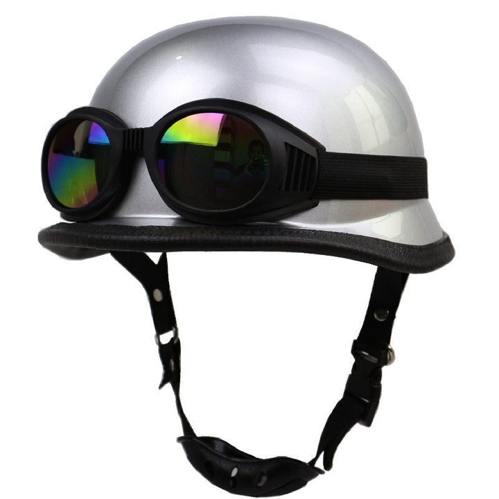 Vintage brown PU leather half-helmet motorcycle with goggles for a distinct retro cruiser look.
