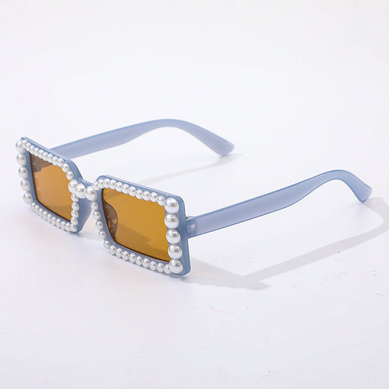 Unisex retro square sunglasses with elegant pearl embellishments, offering stylish UV protection.