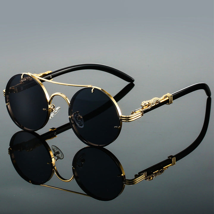 Unisex retro tinted polarized sunglasses, front and side view. UV 400 protection, vintage style eyewear.