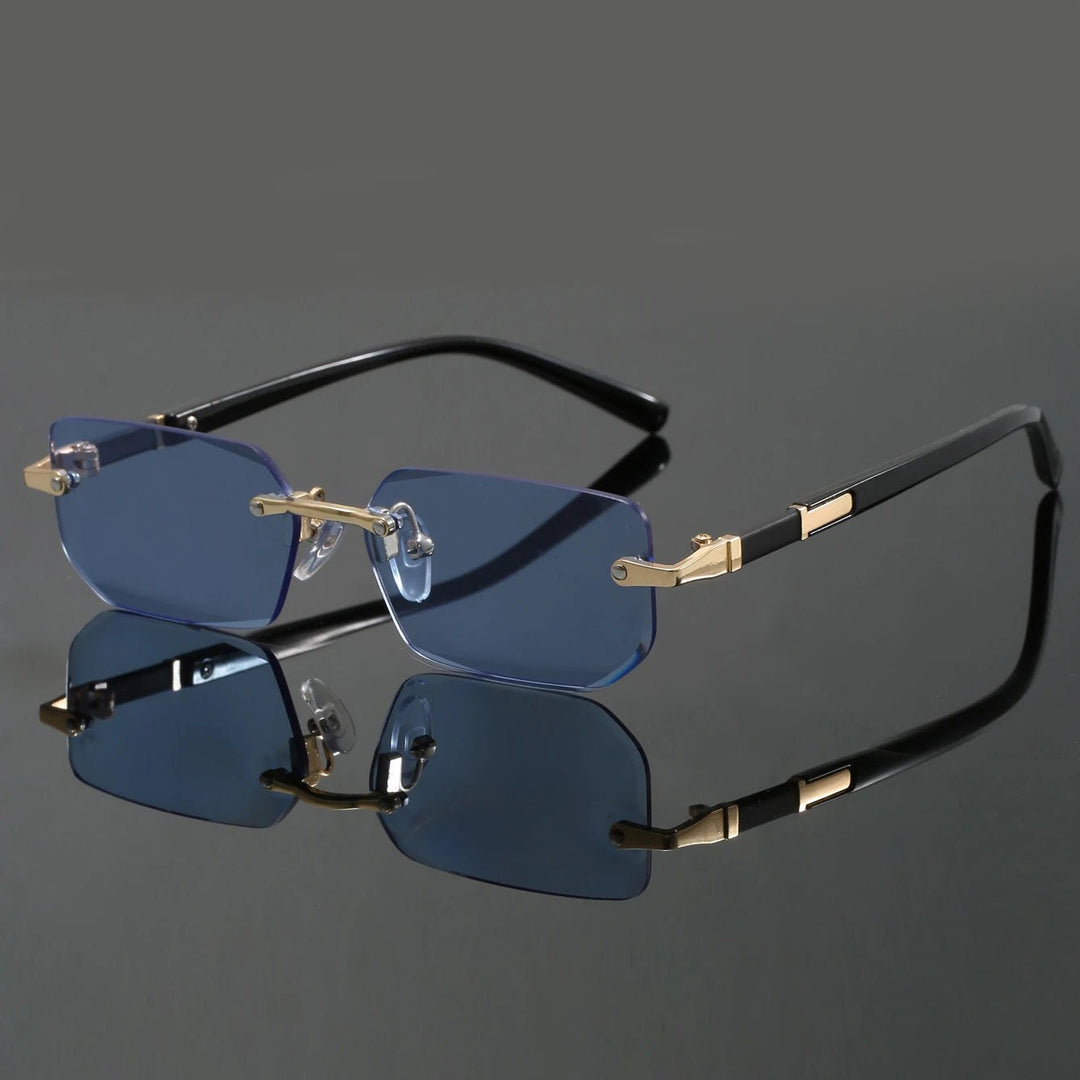 Fashionable rimless cut-edge sunglasses, sleek design, offering UV400 eye protection for men and women.