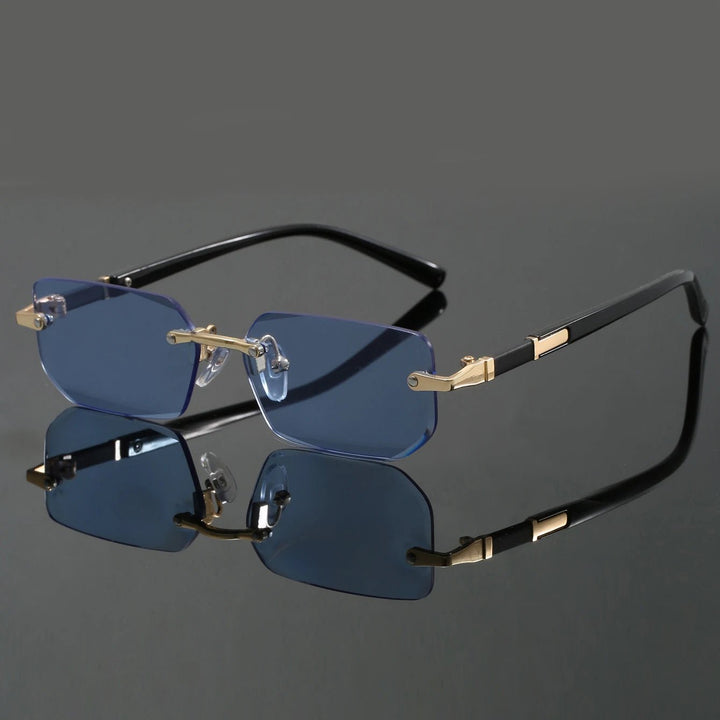 Fashionable rimless cut-edge sunglasses, sleek design, offering UV400 eye protection for men and women.