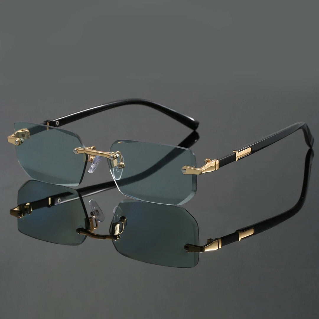 Trendy unisex rimless cut-edge shades, ultra-light design, with essential UV400 eye protection for comfort.