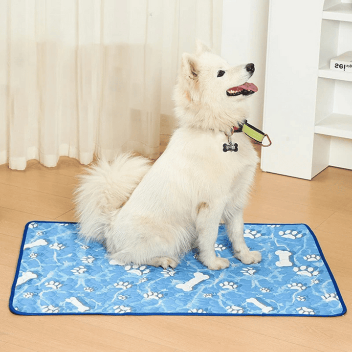 Cat cooling mat made with ice silk. Provides instant heat relief, a washable and cool pad for hot pets.