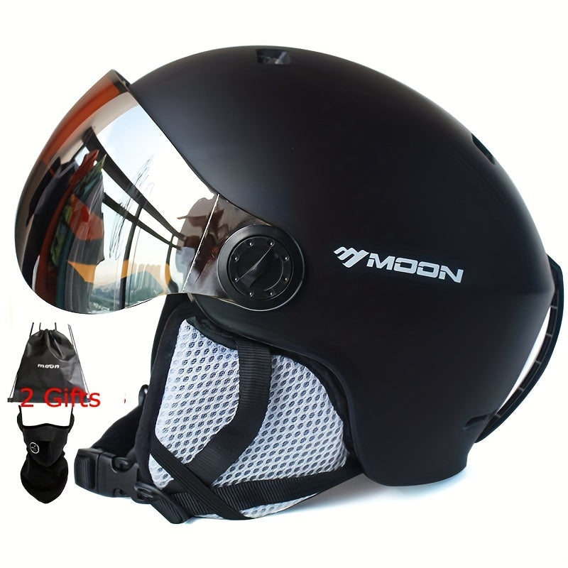 Unisex ski helmet with removable goggles, black. Safe & comfortable for winter sports.