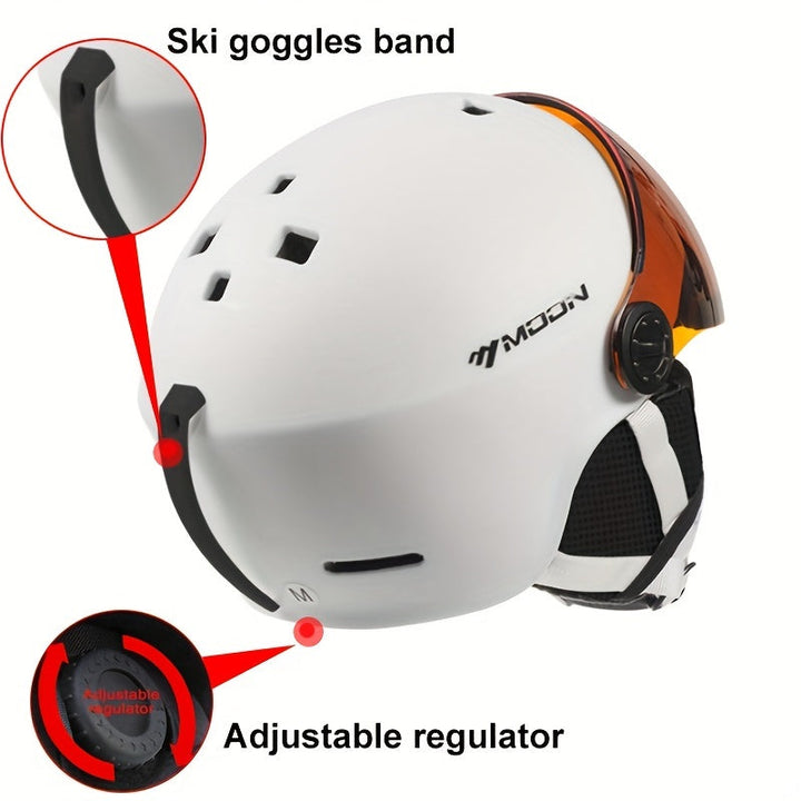 Stylish black ski helmet, unisex design, with removable goggles. Great for safety & comfort.