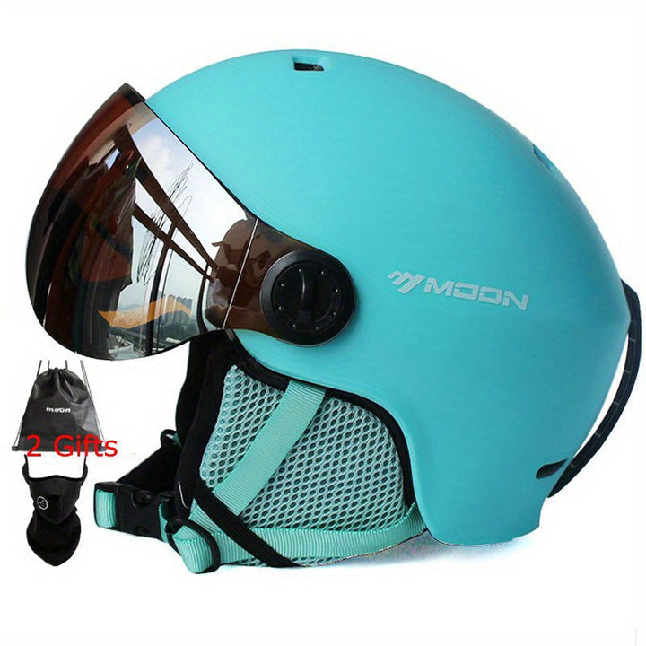 Protective gear: black ski helmet for men & women. Adjustable fit for safe winter sports adventures.