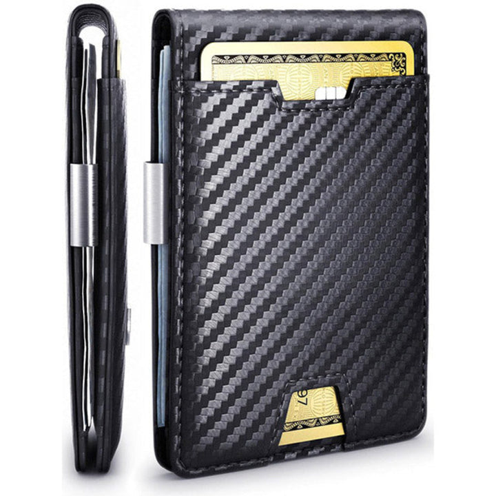 Unisex slim RFID wallet with money clip. Secure faux leather card holder, minimalist design for front pocket.