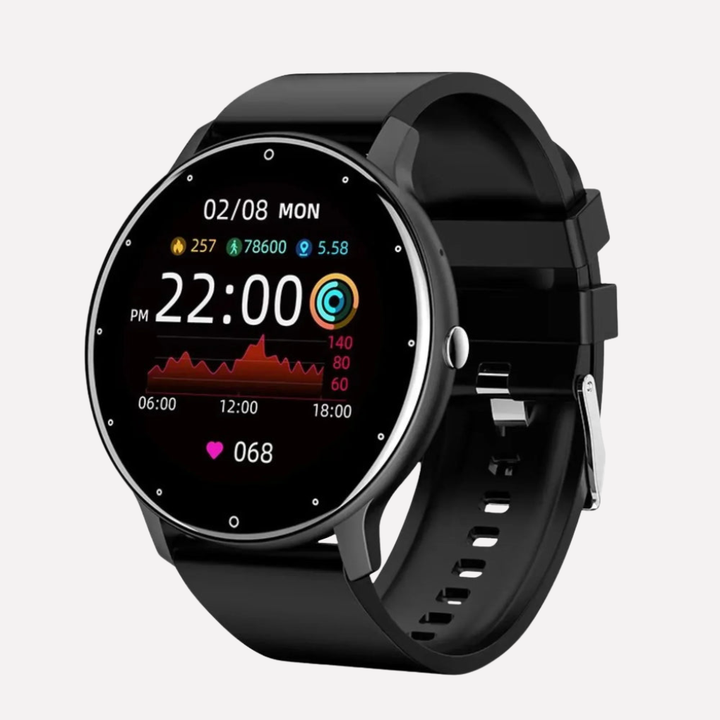 Unisex smart health watch & fitness tracker, black strap, monitoring heart rate & blood oxygen for daily wellness.