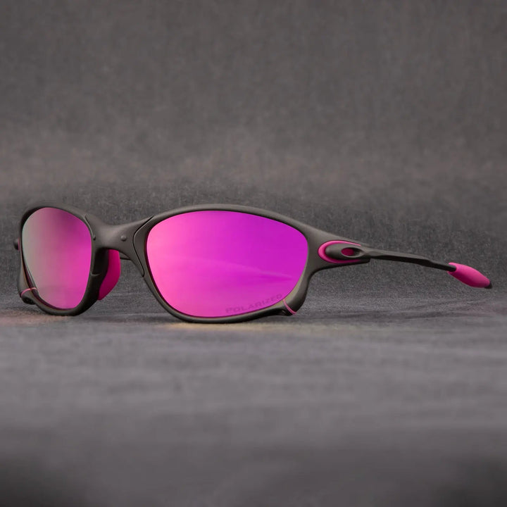 Sporty polarized sunglasses, metallic frame, red mirrored lenses, offering full UV400 eye protection & clarity.