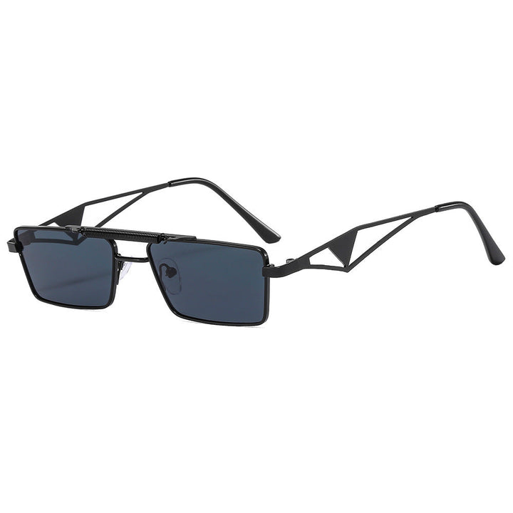 Close-up of unisex square mirrored sunglasses, showing adjustable nose pads. Trendy fashion eyewear for comfort.