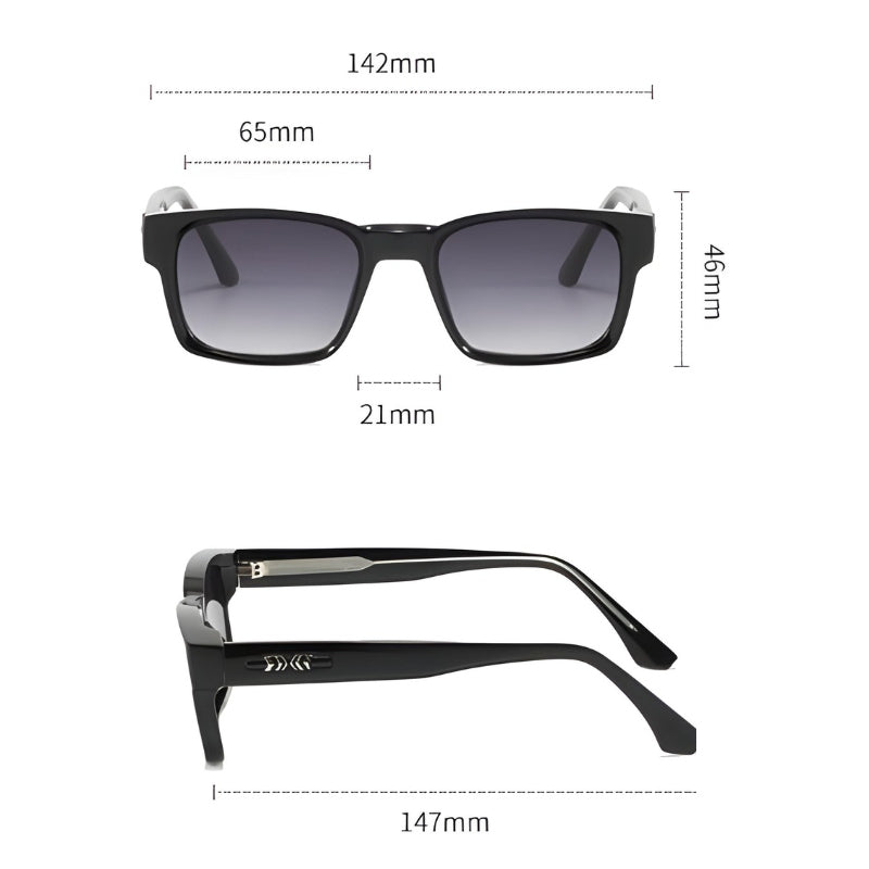 Unisex fashion eyewear: UV400 protection sunglasses, squared frame, anti-glare, strong metal hinges.