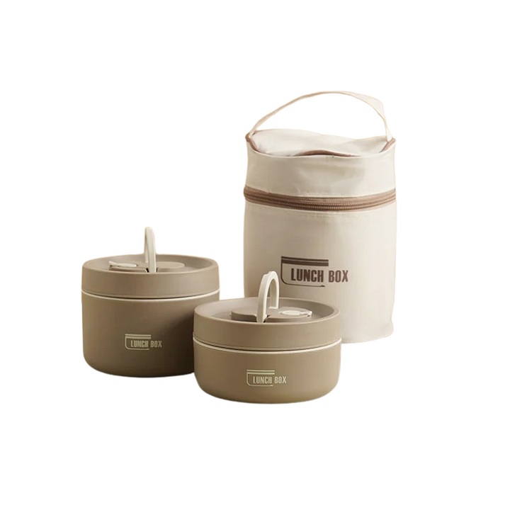 Portable stainless steel insulated lunch box set, ideal for warm food storage. Leak-proof design for meals on-the-go.