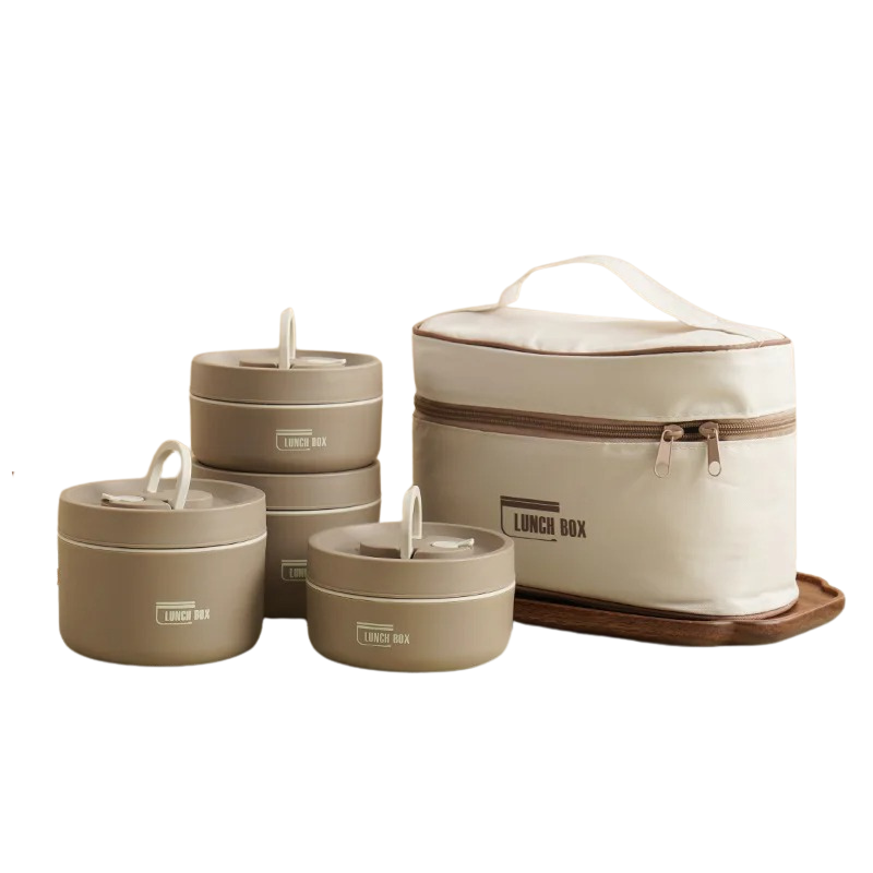 Durable stainless steel insulated lunch box set. Reusable food container for office, school, or picnic meals.