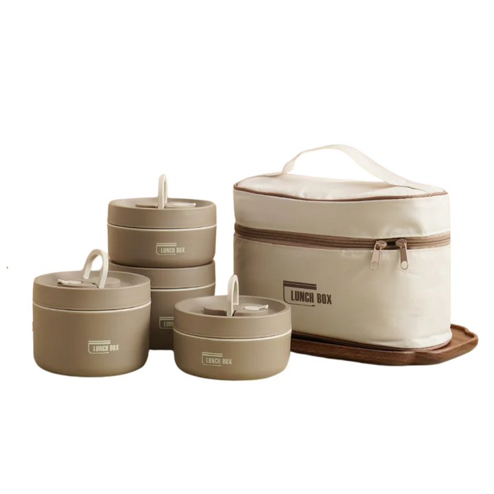 Durable stainless steel insulated lunch box set. Reusable food container for office, school, or picnic meals.