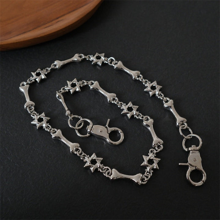 Unisex stainless steel necklace with elegant cross and bone pendant, gothic fashion jewelry.