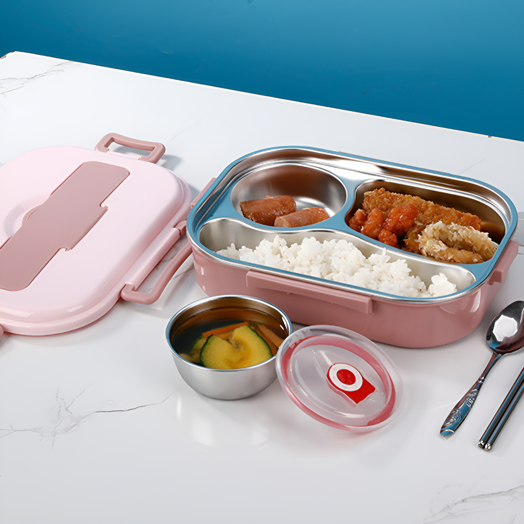 Unisex stainless steel thermal lunch box. Multi-compartment, keeps fresh meals on-the-go. Perfect for meal prep.